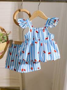 2pcs Baby/Baby GirlCasual Cute Cherry Doodle & Blue/White Striped Camisole Top And Shorts Set, Summer - Baby Blue - View 2