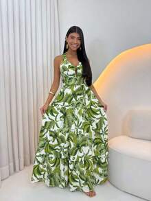 Women's Long Dress With Butterfly Knot - 綠色印章 - 查看 2