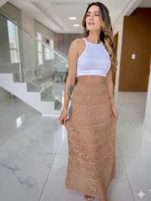 Women's Long Lace Skirt With Crochet Knit And Lace Lining - Simple, Casual, Elegant Summer Fashion - Openwork Fabric - Formal And Evening Wear - 裸體 - 查看 2