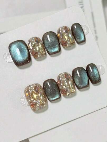 10pcs Blue-Green Cat Eye Pearl & Rhinestone Short Square False Nails, Autumn/Winter New Solid Color Elegant & Charming, Suitable For Women & Girls