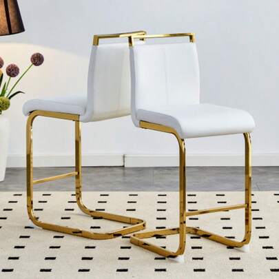 Set Of Two Nordic-Style Bar Stools (Two Pieces). Made Of High-Quality White Faux Leather With Gold-Tone Metal Legs. Ideal For The Dining Room, Kitchen, Etc. Full Height: 96.5 Cm.