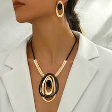 2件套 时尚中东几何派对节日椭圆形镂空设计耳环和吊坠首饰套装，独特的欧美风格 - 彩色 - 查看 3