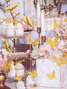 36件套金色3D蝴蝶墙饰套装，金色蝴蝶节日派对装饰，4种尺寸可拆卸蝴蝶，适用于房间装饰，适合冬季节日、生日、婚礼、花卉装饰 - 金色 - 查看 5