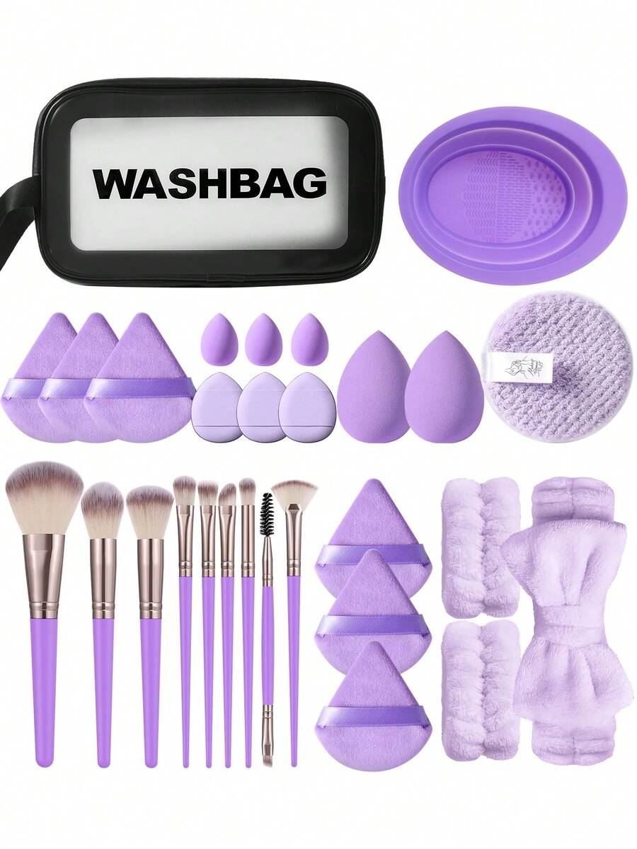 29件套化妆工具套装，包含：9支化妆刷套装+1个多功能防水拉链化妆包+1个化妆刷清洁工具+6个三角粉扑+3个迷你化妆海绵+3个迷你气垫粉扑+2个化妆海绵+1个洁面海绵+2个手碗挂绳+1个发带，一应俱全，新手友好 | 方便旅行携带，送礼佳品 | 新手/女性的完美之选 - 彩色 - 查看 1