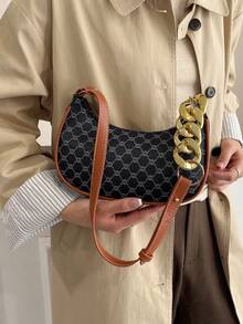 复古全印花时尚单肩包/斜挎包（女士款） - 黑色 - 查看 4