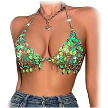Christmas Summer Beach Sequin Backless Crop Tank Tops For Women Sexy Sparkly Hollow Out Outfit Glitter Bra Tops Festival Rave Body Chain Jewelry Green Tank - như hình - Xem 2