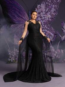 Faeriesty 优雅黑色蕾丝美人鱼晚礼服，配以透视长袖和刺绣紧身胸衣，正式薄纱礼服，适合红毯活动、盛大晚宴、婚礼宾客、正式场合派对等。 - 黑色 - 查看 6