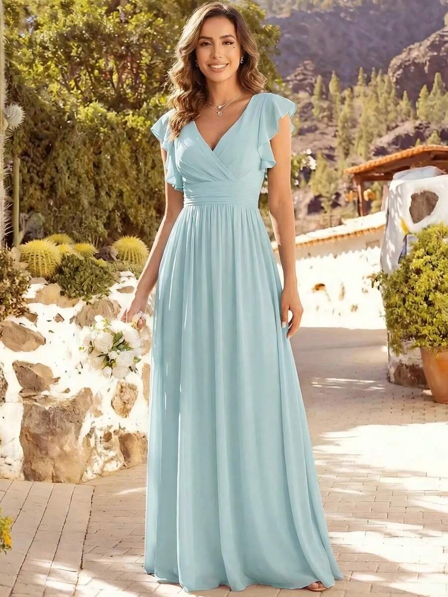 Ruched V-Neck Backless Asymmetric Chiffon Dress, Suitable For Bridesmaids/Mother Of The Bride Dresses, Wedding And Vacation Wear Spring