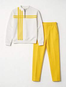 Men's Versatile Color Block Striped Half-Zip Stand Collar Long Sleeve Sweatshirt + Solid Casual Pants Set, Multiple Colors - Yellow - View 5