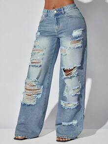 Low Waist Wide Leg Casual Blue Jeans With Slant Pockets For Women - Blue - View 4