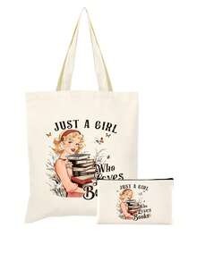 1/2件套 书迷主题创意书籍插画帆布书包，带拉链的铅笔盒套装，印有励志的“你真棒”图案，学院风帆布手提袋套装，适合返校、毕业、旅行、生日、周年纪念、教师节，以及作为感谢礼物送给同学、朋友、学生和老师。 - 米色 - 查看 46