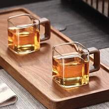 家用方形把手茶杯，高硼硅玻璃材质，胡桃木把手，方形小茶杯，耐热，品茶专用，单层杯 - 無色 - 查看 5