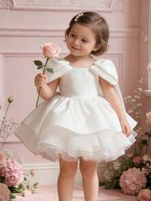 女婴可爱白色蝴蝶结吊带薄纱公主裙，适合生日派对、聚会、圣诞节、婚礼、花童等场合