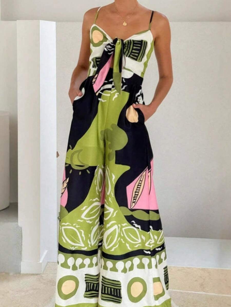 树叶印花露背系带前口袋连体裤，适合夏季度假 - 綠色 - 查看 1