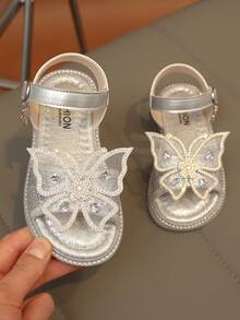 1 Pair Girls' Bow Sequin Sandals, Leather Hollow Out Summer Flat Water Drill Sandals, New Open Toe Hook And Loop Cute Sweet Style Flat Shoes, Children Sandals, Outdoor Beach Sandals, Round Toe, Daily, Dance, Wedding, Party, Princess Shoes - Silver - View 14