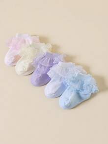 5双装女童袜子，时尚简约荷叶边公主袜，亲肤柔软透气网眼袜，舒适休闲百搭蕾丝袜，适合生日礼物/舞蹈表演/日常穿着/情人节装扮/校园服饰 - 彩色 - 查看 9