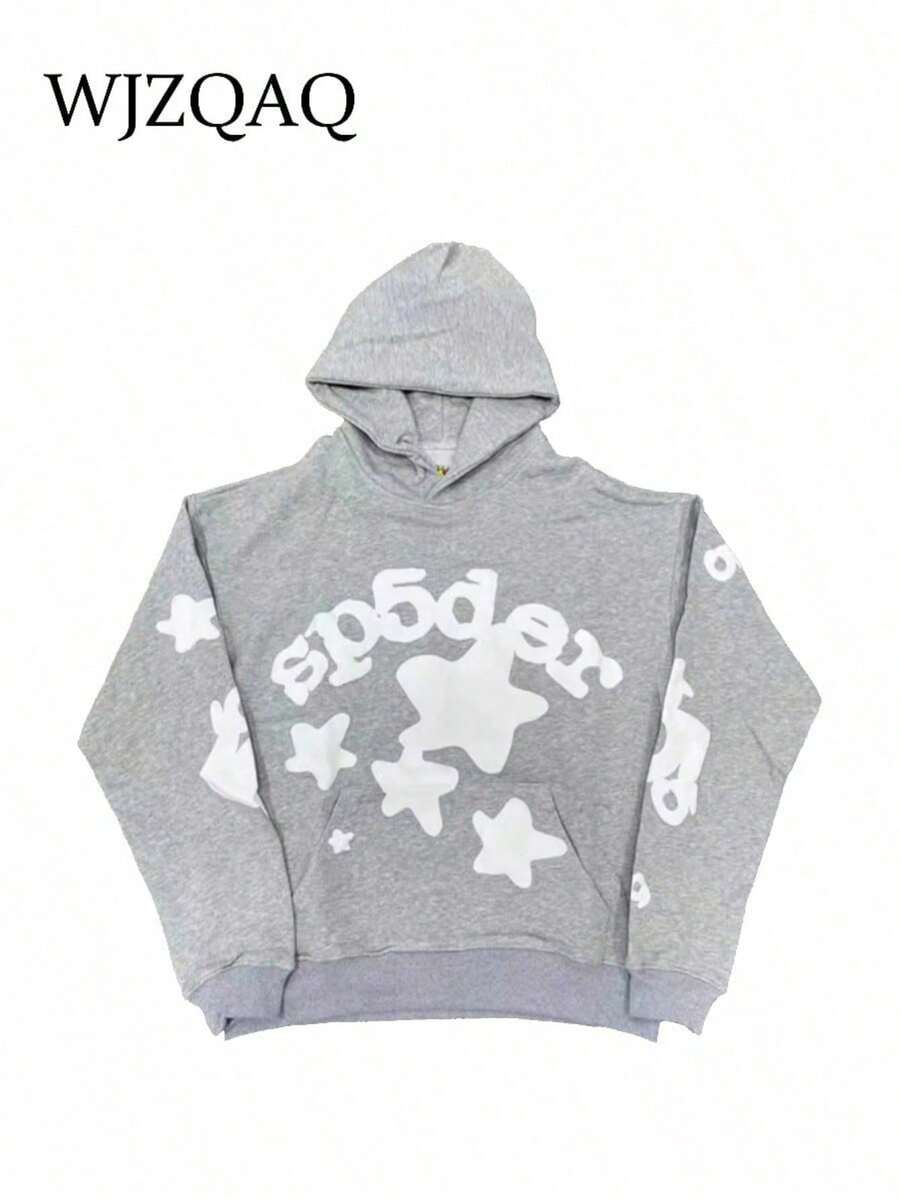 WJZQAQ Y2k  Hoodies For Men 555 Loose Spider Web High Street Hip Hop Long Sleeve Men's And Women's Hoodies Sweater Jacket Hooded Pullover - Xám - Xem 1