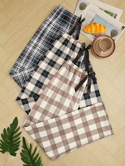 Women's Spring/Summer Classic Color-Block Plaid Pants, Wide-Leg Pants, Bowknot Pajama Pants, Casual Home Wear, Three Pieces Set