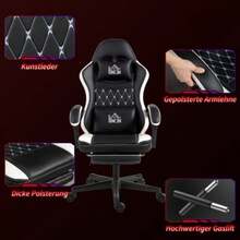 Gaming Chair With Footrest, Computer Chair With Headrest And Cushion, Upholstered In Synthetic Leather, Swivel, Height Adjustable, Metal, Plastic, Black And White. - Black - View 6
