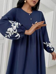 Women's Floral Print Lantern Sleeve Button Half Placket Loose Arabic Dress - Navy Blue - View 6