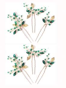 3/6 件装森林风格绿色宝石金属树叶发叉，复古优雅手工编织头饰，女士款 - 彩色 - 查看 9