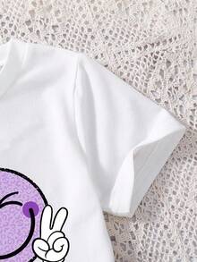 女童卡通印花短袖上衣和系带半裙套装 - 白色 - 查看 4