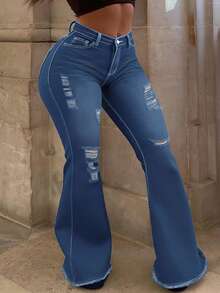Plus Size Women's Mid-Rise Flared Jeans, Sexy Ripped Elastic Raw Hem Denim Flared Pants, Casual Wear Fashion Trousers - 淺色水洗藍 - 查看 1