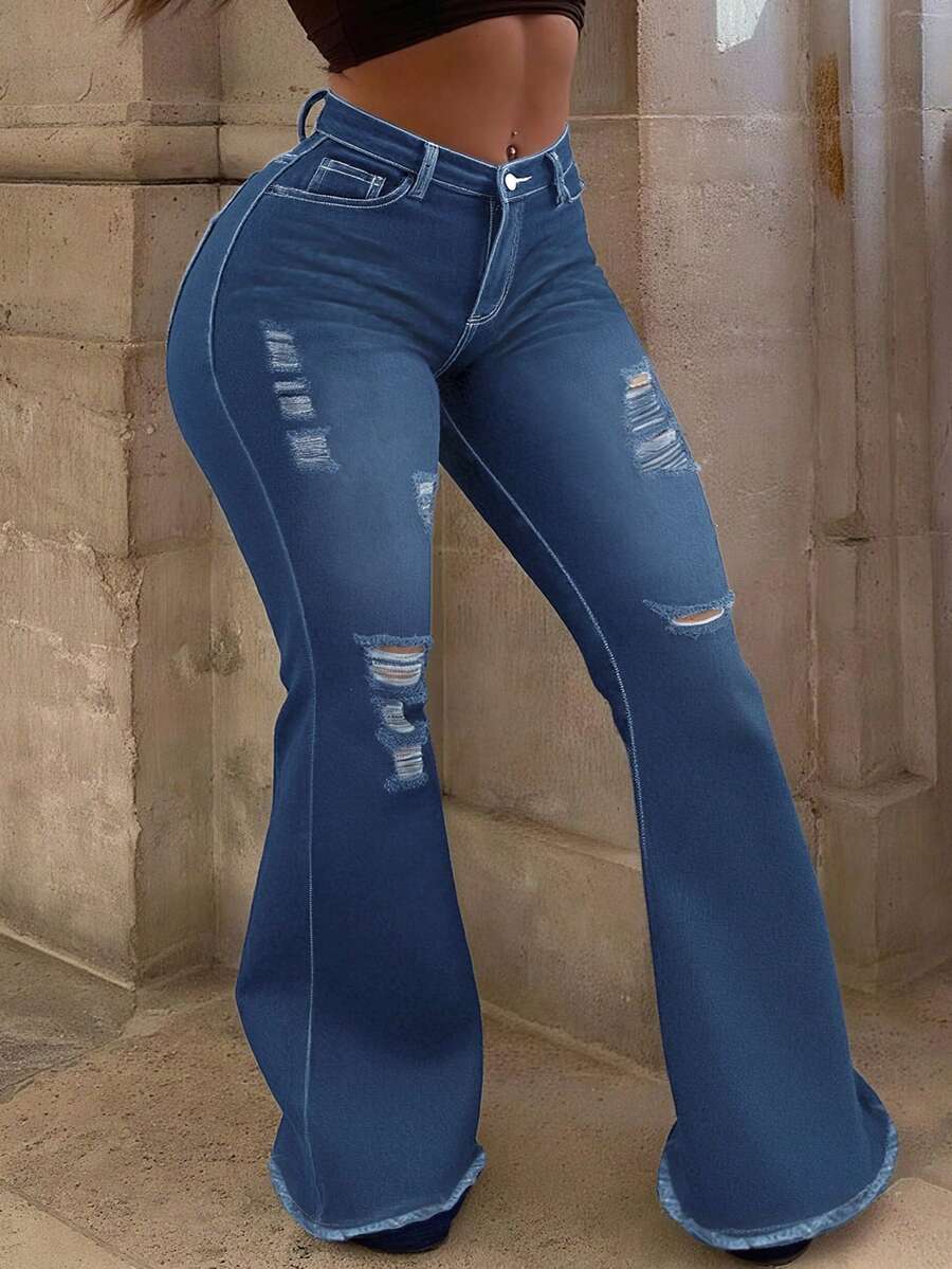 Plus Size Women's Mid-Rise Flared Jeans, Sexy Ripped Elastic Raw Hem Denim Flared Pants, Casual Wear Fashion Trousers - 淺色水洗藍 - 查看 1