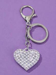 1pc Elegant Cute Casual Zinc Alloy Full Rhinestone Heart Shaped Keychain, Car Key Chain, Backpack Pendant, Holiday Gift - Silver - View 5