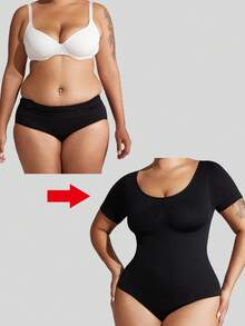 1pc Plus Size Women Seamless Shapewear, Tummy Control & Butt Lifting Bodysuit, Short Sleeve One-Piece Summer Outfit - Black - View 9