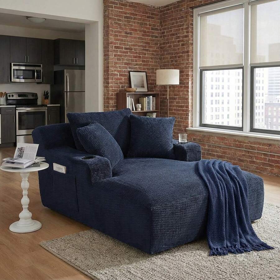 Oversized Chaise Lounge Chair - Upholstered Couch Cloud Boneless Chair,Deep Seat Sleeper Sofa With Cup Holders And Side Pockets,Comfy Reading Chair For Living Room - 寶藍色 - 查看 1