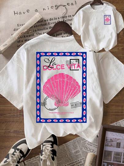 女士加大码休闲圆领短袖T恤，饰有夏季沙滩贝壳印花图案