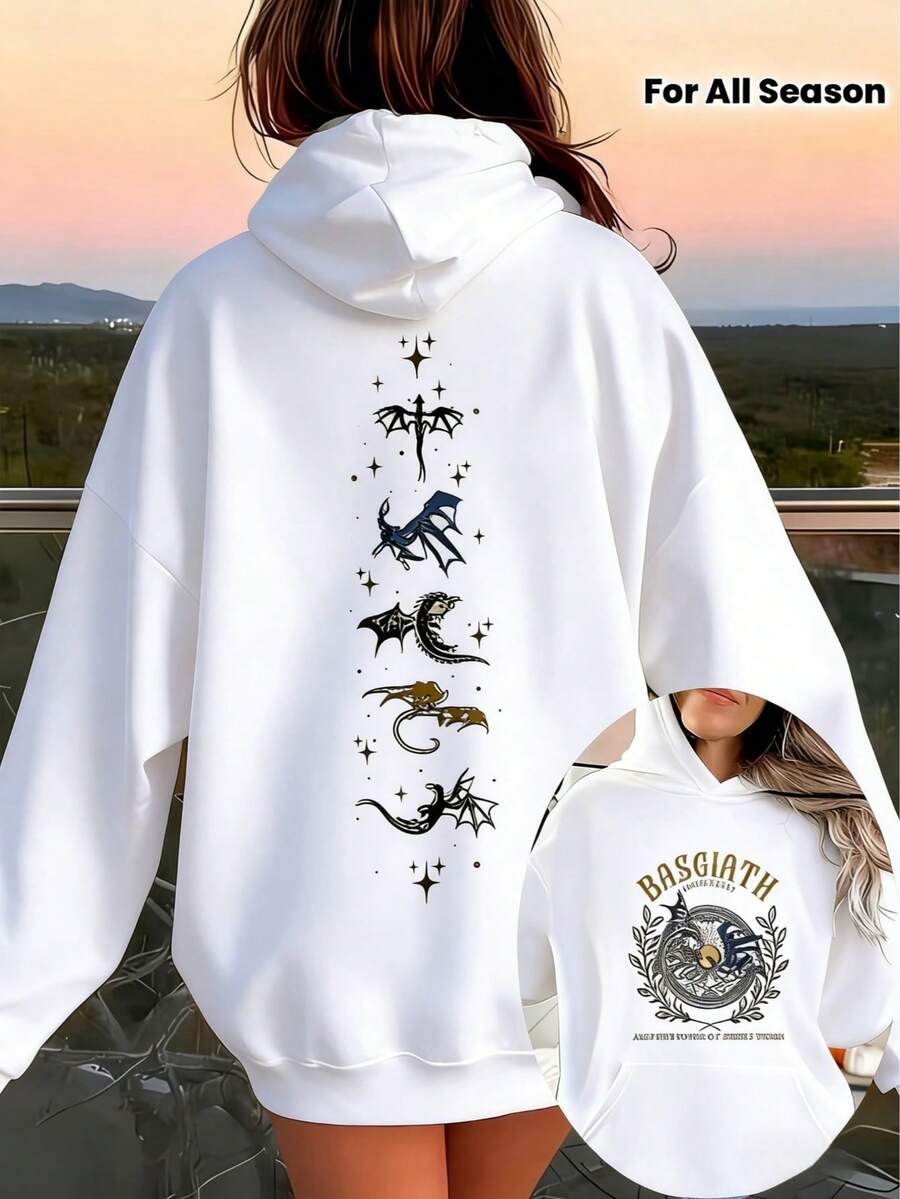 CHICLY19 Women's Oversized BASGIATH Dragon Graphic Hoodie - Black Long Sleeve Pullover With Gold/Blue Dragon Print, Star Accents & Front Logo Design. Loose Fit Casual Sweatshirt For All Seasons, Streetwear Style, Daily Wear, Vacation & Back To School. Cozy Soft Fabric, Kangaroo Pocket, Fantasy-Inspired Hooded Top For Teens & Young Adults. Perfect For Fall/Winter Layering Or Spring Autum Outfits. - 白色 - 查看 1