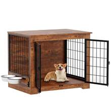 32 en perro de servicio pesado, muebles de caja perro de madera rústica jaula canil interior con 2 tazones de perro giratorio perro resistente a la masticación canil para perros - Óxido marrón - Ver 2