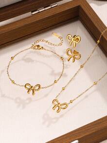 3pcs Minimalist & Elegant Stainless Steel Bow Tie Jewelry Set, Suitable For Women's Daily Wear And Gift - Necklace Set - View 2