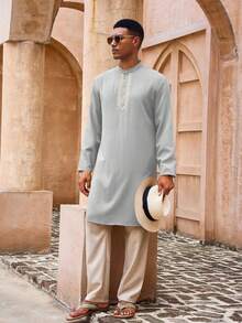 Runcati Mens Kaftan Thobe Casual Henley Shirts Button Up Long Sleeve Robe Muslim Gown Shirt - 深灰色 - 查看 2