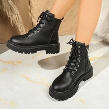 2025 New Autumn/Winter Women's Fashion Versatile Casual Boots, Side Zipper Ankle Boots With Lace-Up, Warm Winter Women's Flat Comfortable Chelsea Boots - Black - View 5