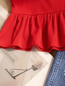Ținută casual pentru fete, 2 buc.: Top fără mâneci, culoare solidă, cu design cu fundă 3D și pantaloni drepți cu talie elastică și fundă. - roșu - Vizualizare 6