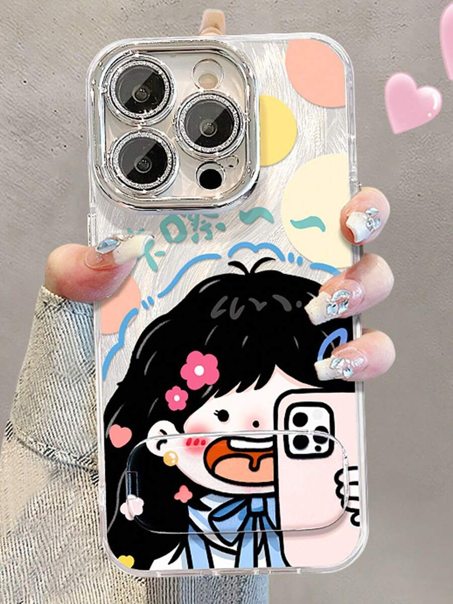 1个闪粉涂层全包手机壳，带集成自拍镜支架，兼容 11/12/13/14/15/16/17/Pro Max