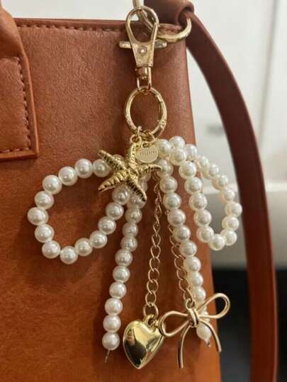 Unisex Cute Beaded Bow Pendant, Fashionable Large Heart-Shaped Bag Charm, Silver Heart-Shaped Rotating Hook Design, Spring Clasp, Starfish, Bow And Heart Shape Element Phone Charm Keychain, Starfish Phone Charm Keychain, Elegant Women Accessories, Bag Charms, Party And Holiday Gifts, Gifts For Female College Students And Teachers, Unique Gifts For Family And Friends