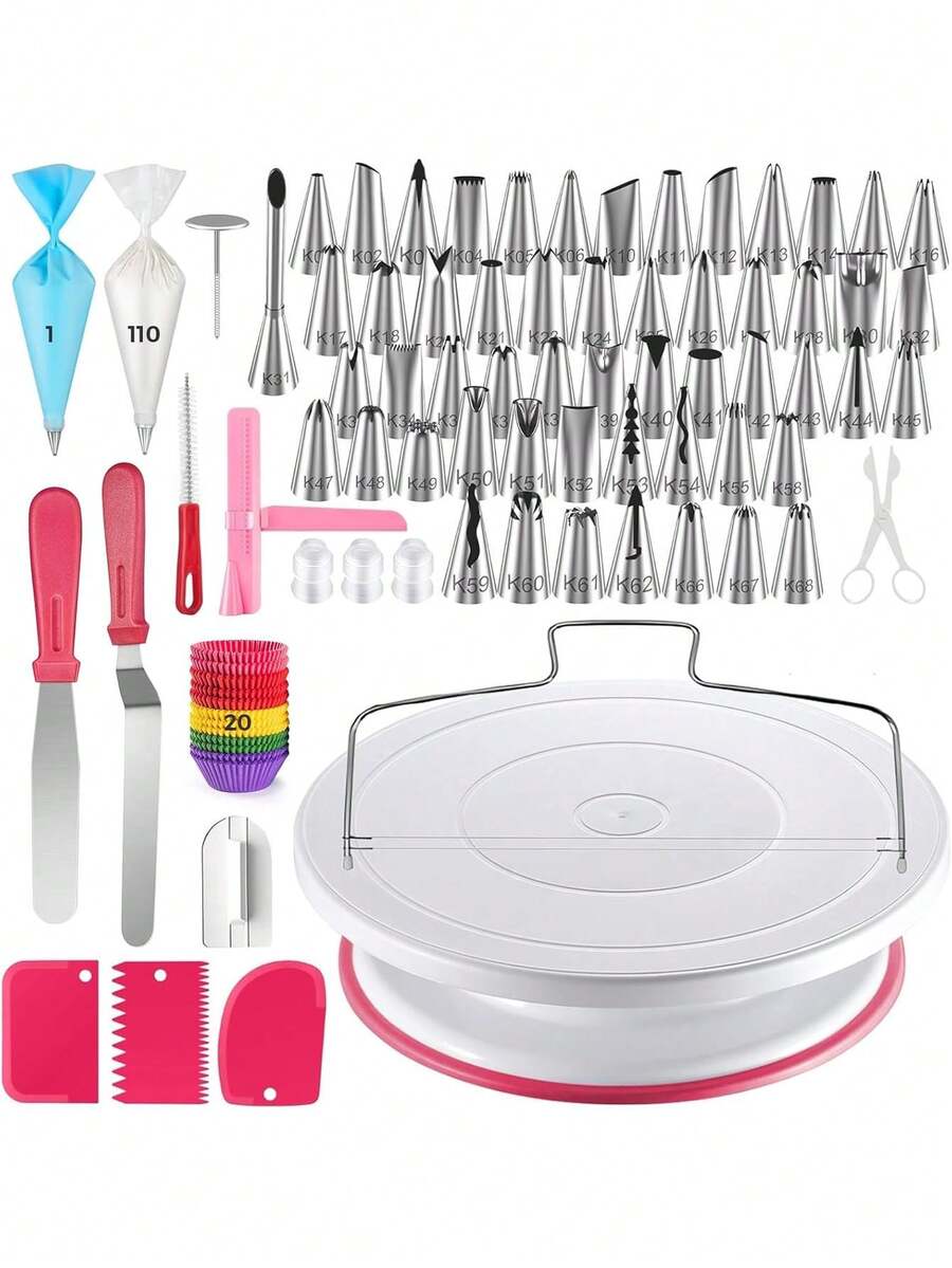 200 Kit Puntas de Repostería Reutilizable,Boquillas y Bolsas para Manga Duyas Pasteleras Utensilios para Decoración Hacer Pasteles, Base Giratoria Antideslizante para Profesionale Principiante DIY,40808139 - Multicolor - Ver 1
