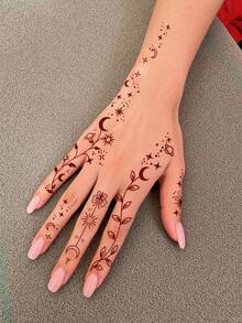 4片红色指甲花手指纹身贴纸，饰有指甲花花卉图案，包括花朵、星星、月亮等设计。它们适用于手指、指甲和手部艺术装饰，是派对、婚礼和其他场合的完美之选。 - 紅色 - 查看 5