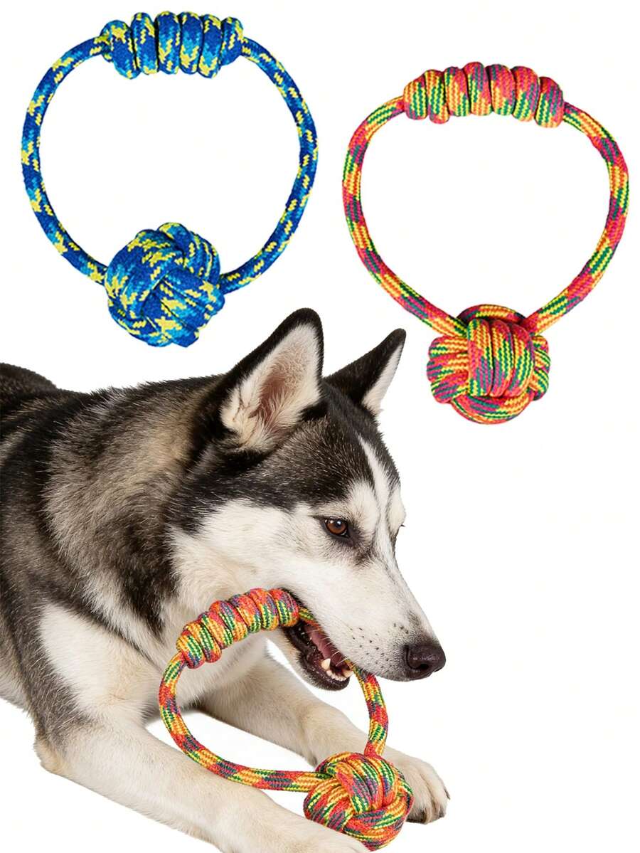1pc Pet Rope Knot Toy, Suitable For Dogs Of All Sizes, Dental Care & Gum Massage, Boredom Relief, Outdoor Comfort, Interactive Play, Tug-Of-War, Fetch, Blue & Yellow/Rainbow Colors To Attract Dog's Attention, Prevent Anxiety/Teething Discomfort, Pet Supplies, Rope Toy, Pet Toy - Multicolor - View 1