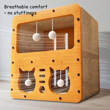 Multi-Function 2-In-1 Cat Scratcher & Cozy Bed - Wooden Cat House With Interactive Play Caves, Durable Scratching Surfaces, Hanging Pom-Pom Toys, And Hideaway Napping Spot For Indoor Cats - MD-CAT2 - 查看 2