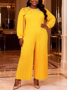 Plus Size Women's Yellow Ruched Jumpsuit, Long Sleeve Round Neck Bishop Sleeve, 3D Pearl Rose Decor Knit Fabric, Party Dress - Yellow - View 1