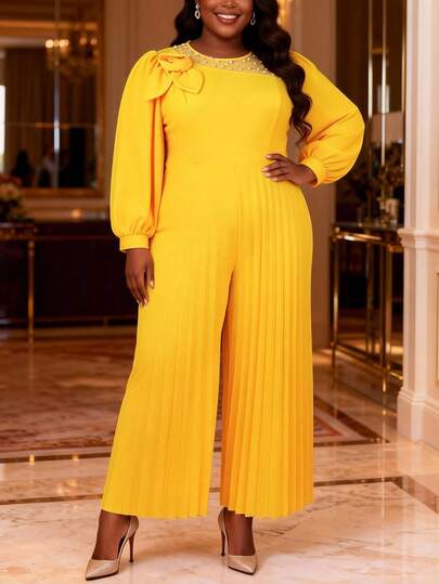 Plus Size Women's Yellow Ruched Jumpsuit, Long Sleeve Round Neck Bishop Sleeve, 3D Pearl Rose Decor Knit Fabric, Party Dress