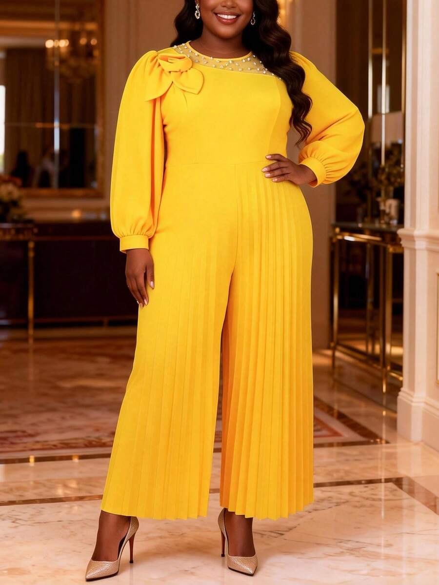 Plus Size Women's Yellow Ruched Jumpsuit, Long Sleeve Round Neck Bishop Sleeve, 3D Pearl Rose Decor Knit Fabric, Party Dress - Yellow - View 1