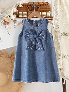 Girls Casual Loose Denim Dress With 3D Beaded Bow, Elegant Solid Color Denim Dress For Little Girls - Dark Wash - View 4