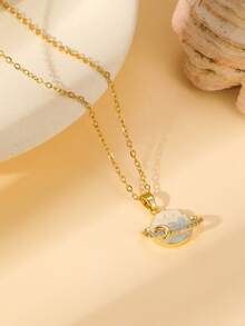 Teenage Pink Crystal Sweet Element Necklace, Moon Butterfly Ginkgo Pendant, Gold Semi-Precious Stone Delicate Choker Necklace, Daily Sweet Style Accessory - Gold - View 7