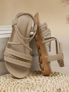 1 Pair Retro Girls' Open Toe Sandals, New Summer Fashion Breathable Slip-On Beach Shoes, Soft Non-Slip Sole - Grey - View 5